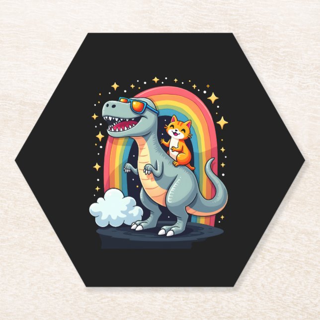 Dessous-de-verre En Papier Cat Riding Dinosaur T-Rex Kitten Rainbow Dino Funn (Devant)
