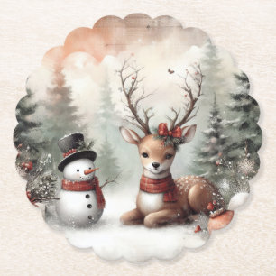Dessous-de-verre En Papier Cerf de Noël/bonhomme de neige en bois classique