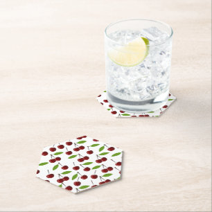 Dessous-de-verre En Papier Cerise Rouge, Motif De Cerises, Feuilles, Fruits