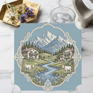 Dessous-de-verre En Papier Chalet rustique vaches pâturant pays alpin enneigé