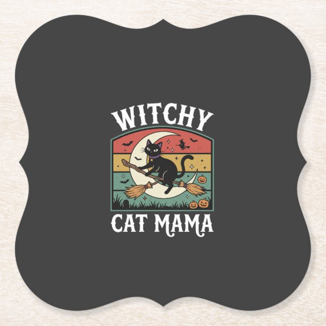 Dessous-de-verre En Papier Chat de Halloween Sorcière Maman (Devant)