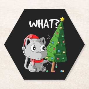 Dessous-de-verre En Papier Chat drôle poussant l'arbre de Noël Chat quoi Chr