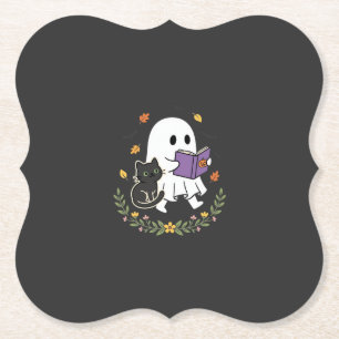 Dessous-de-verre En Papier Chat fantôme d'Halloween lisant un livre floral De