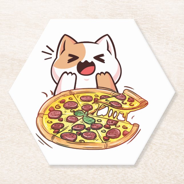 Dessous-de-verre En Papier Chat mangeant une pizza  (Devant)