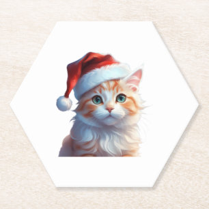 Dessous-de-verre En Papier Chat mignon avec chapeau santa T-shirt classique