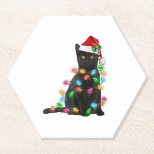 Dessous-de-verre En Papier Chat noir avec chapeau de Père Noël lumières de No