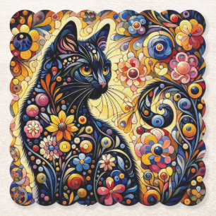 Dessous-de-verre En Papier Chat Whimsical Noir Abstrait peinture florale Art