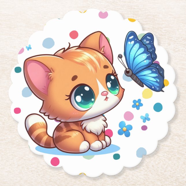 Dessous-de-verre En Papier Chaton/chat mignon & papillon  (Devant)