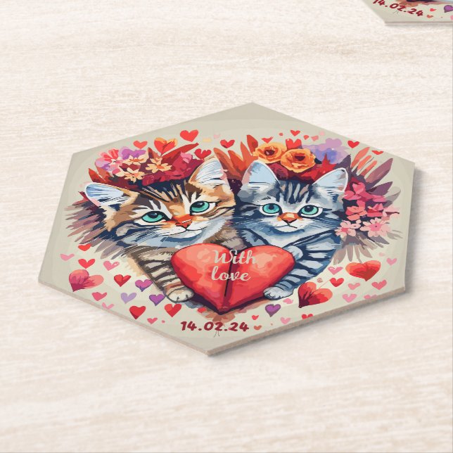 Dessous-de-verre En Papier Chats Valentines au coeur (Incliné)