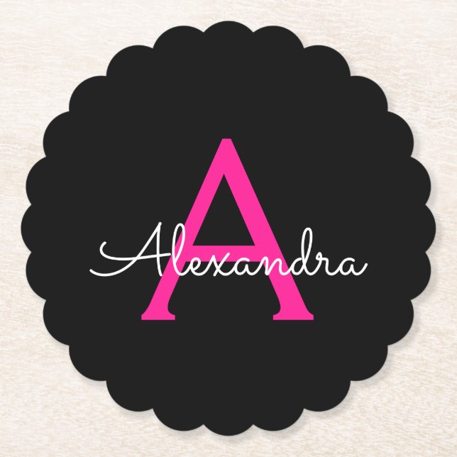 Dessous-de-verre En Papier Chaud rose noir Script Girl Nom du monogramme (Devant)