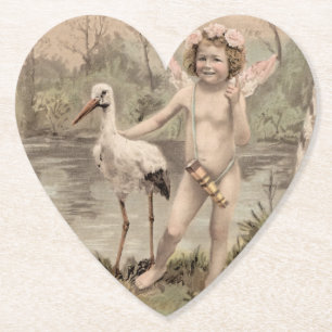 Dessous-de-verre En Papier Cherub vintage avec cigogne près du lac