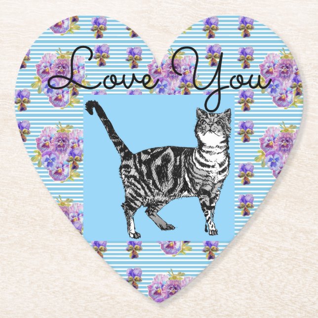 Dessous-de-verre En Papier Chic Bleu Shabby Tabby Chat Amour Coeur (Devant)