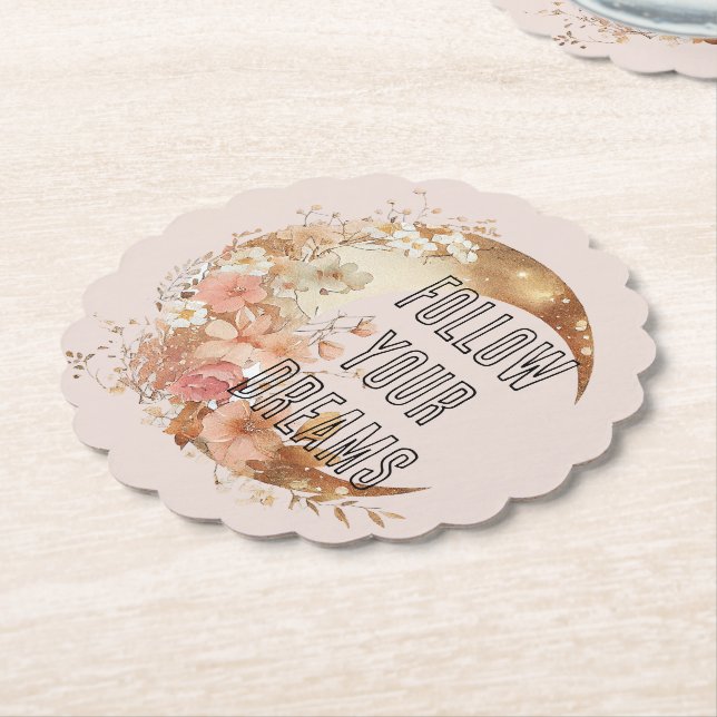 Dessous-de-verre En Papier Chic Cadre Doré Rose Floral Fête de Mariage (Incliné)