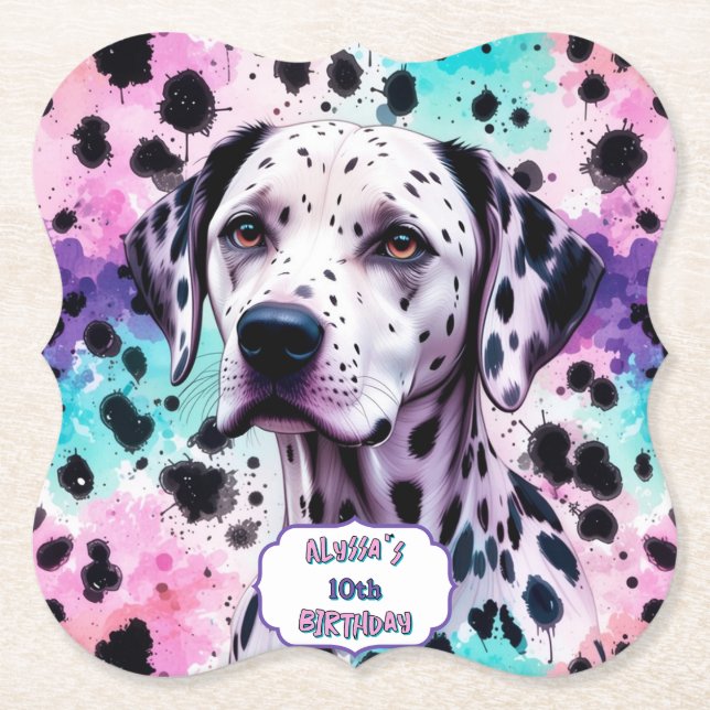 Dessous-de-verre En Papier Chien dalmate rose violet turquoise Anniversaire (Devant)