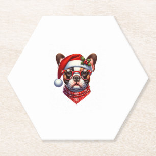 Dessous-de-verre En Papier Chien de Noël Français Chien de taureaux Santa Hat