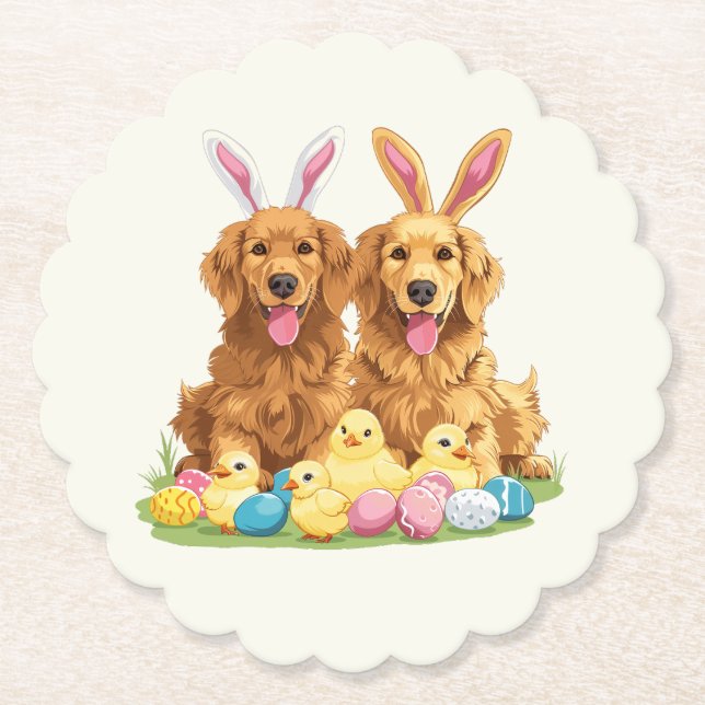 Dessous-de-verre En Papier Chiens de Pâques Golden Retriever Chiens Bunny Ore (Devant)