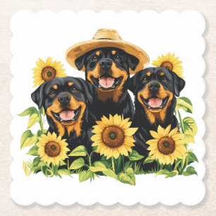 Dessous-de-verre En Papier Chiens Rottweiler Entourés De Tournesols