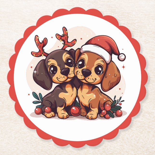 Dessous-de-verre En Papier Chiens teckel de Noël (Devant)