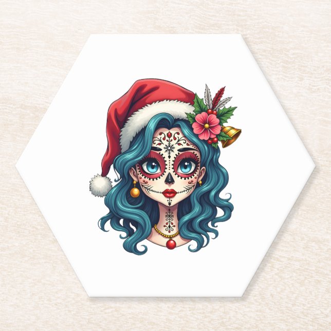 Dessous-de-verre En Papier Christmas Sugar Skull Art Woman Santa Hat Festive  (Devant)