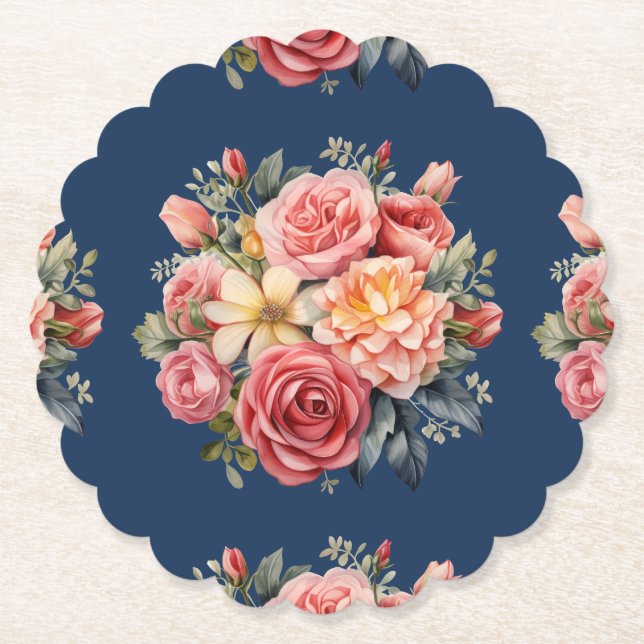 Dessous-de-verre En Papier Classic Pink Roses Floral on a Blue Background (Devant)