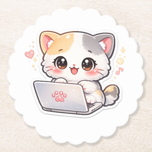 Dessous-de-verre En Papier Coaster de bureau avec un chat Chibi Kawaii mignon (Devant)