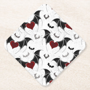 Dessous-de-verre En Papier Coeur d'Halloween avec ailes de chauve-souris noir