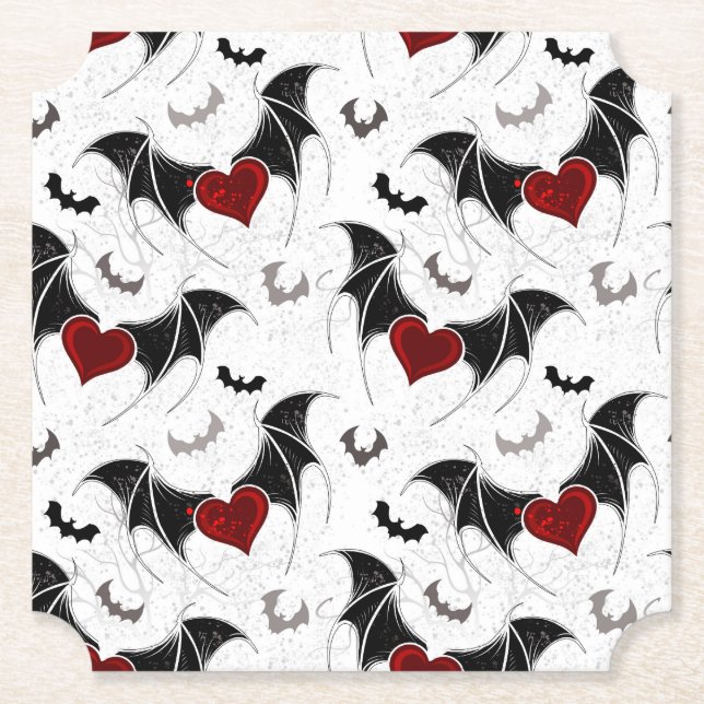Dessous-de-verre En Papier Coeur d'Halloween avec ailes de chauve-souris noir (Devant)