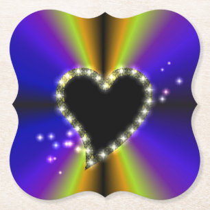 Dessous-de-verre En Papier Coeur noir avec étoiles sur arc-en-ciel jaune viol