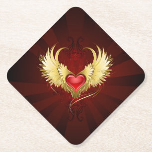 Dessous-de-verre En Papier Coeur rouge avec ailes d'or