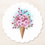 Dessous-de-verre En Papier Cône rose Sakura crème glacée gaufre<br><div class="desc">Cône gaufre douce avec fleurs de cerisier japonais rose frais sur arrière - plan blanc avec stries d'aquarelle bleue. Cerise japonaise rose.</div>
