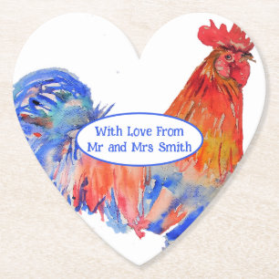 Dessous-de-verre En Papier Coq Rouge Poulet Bleu Aquarelle Mariage