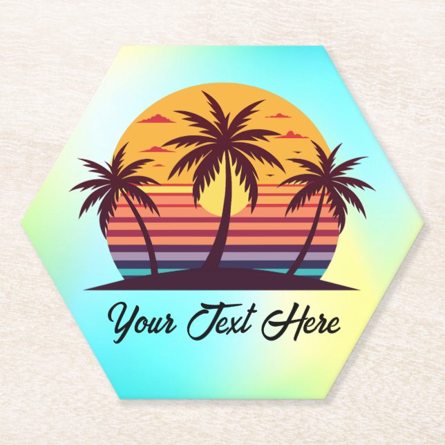 Dessous-de-verre En Papier Coucher de soleil avec palmiers Vector (Devant)