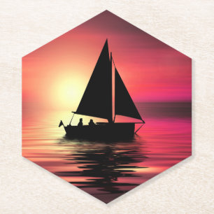 Dessous-de-verre En Papier Coucher de soleil, Bateau à voile dans la mer-3918