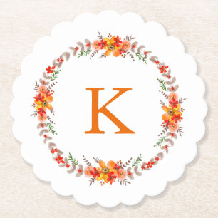 Dessous-de-verre En Papier Couronne de fleurs orange mandarine Monogramme de