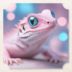 Dessous-de-verre En Papier Cuisine Petit Lézard Rose aux Grands Yeux Bleus