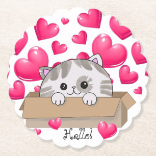 Dessous-de-verre En Papier Cute chaton dans une boîte et les coeurs roses