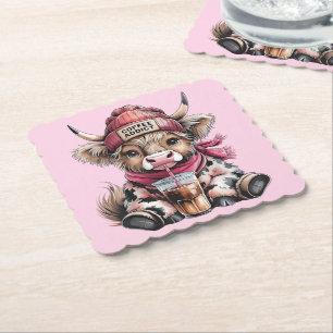 Dessous-de-verre En Papier Cute Highland Cow Coffee Addict Drôle Boire Café