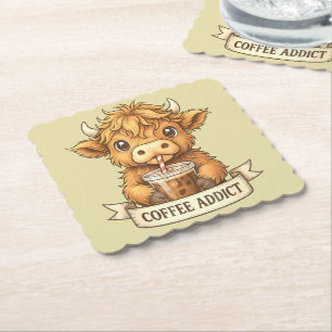 Dessous-de-verre En Papier Cute Highland Cow Coffee Addict Drôle Boire Café