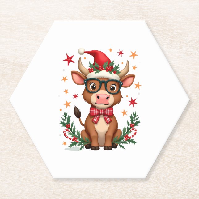 Dessous-de-verre En Papier Cute Highland Cow Lover Santa Hat Western Christma (Devant)