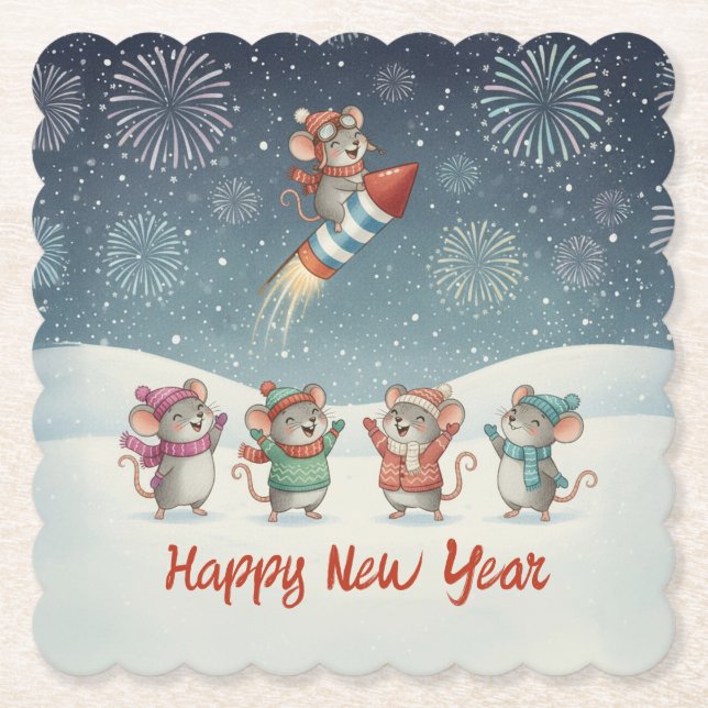 Dessous-de-verre En Papier Cute Mice Happy New Year Fireworks (Devant)