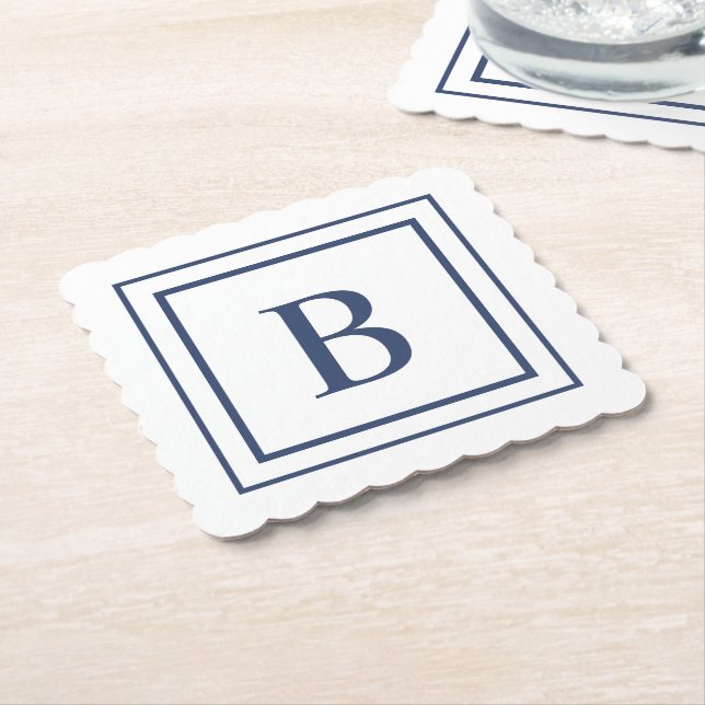 Dessous-de-verre En Papier Deep Navy And White Square Border Monogram  (Incliné)