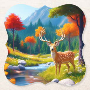 Dessous-de-verre En Papier Deer d'or debout dans la forêt-987679
