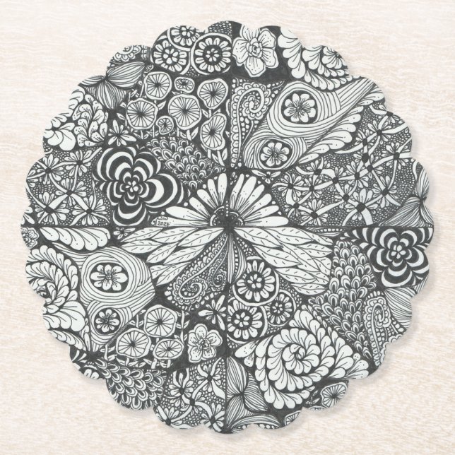 Dessous-de-verre En Papier Dessous de verre de doodle noir et blanc. (Devant)