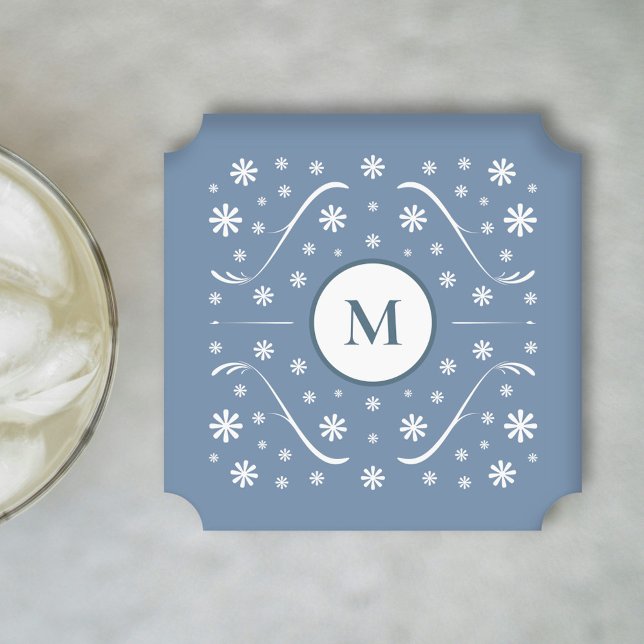 Dessous-de-verre En Papier Dessous de verre de monogramme à fleurs bleues Dus (Dusty Blue Flower Power Monogram Coaster)