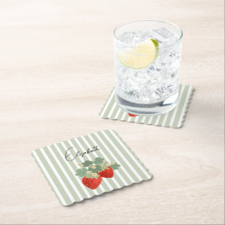 Dessous-de-verre En Papier Deux Fraises Rouges Rayures & Fleurs | Fruit