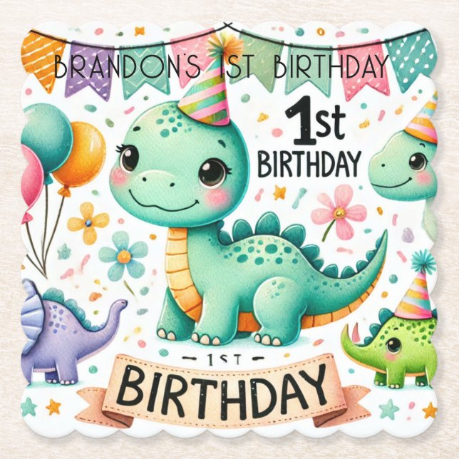 Dessous-de-verre En Papier Dinosaur Dino 1ère fête d'anniversaire (Devant)
