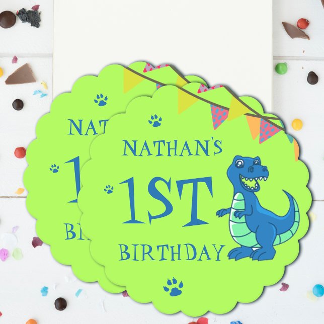 Dessous-de-verre En Papier Dinosaure Bleu Vert Soirée Anniversaire de enfant  (Green Blue Dinosaur Themed Kids Birthday Party Paper Coaster)
