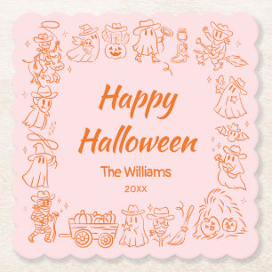 Dessous-de-verre En Papier Doodles rose orange quirky à la main tiré Hallowee