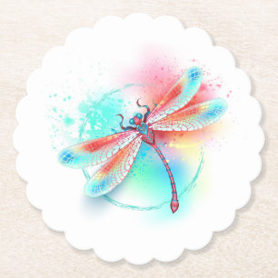 Dessous-de-verre En Papier Dragonfly rouge sur l'arrière - plan aquarelle