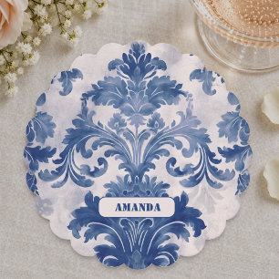 Dessous-de-verre En Papier Élégant damas bleu toile de jouy monogramme